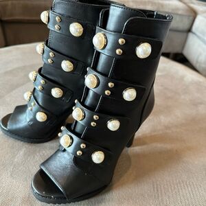 Karl Lagerfeld Brayden Embellished Boots Booties Open Peep Toe Zip Pearl 7
